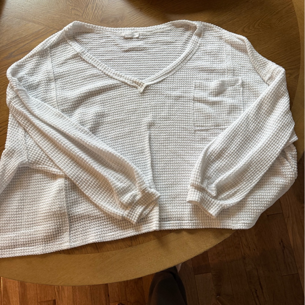 White Waffle Knit Oversized Long Sleeve Top